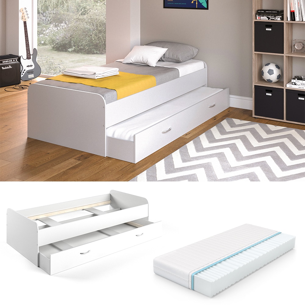 VitaliSpa Bett Enzo Jugendbett mit G&auml;steliege Funktionsbett 90x200 cm Wei&szlig; + Matratze 