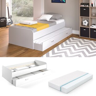 VitaliSpa Bett Enzo Jugendbett mit Gästeliege Funktionsbett 90x200 cm Weiß + Matratze 