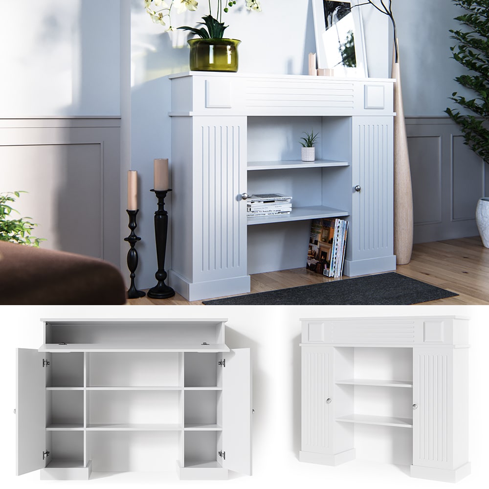 Kaminumrandung im Landhaus Stil mit T&uuml;r Umbau Rahmen Konsole 119,5x103 cm Wei&szlig; 