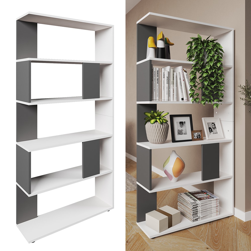 Vicco Raumteiler B&uuml;cherregal Standregal B&uuml;roregal Regal 5 F&auml;cher Wei&szlig; Anthrazit 