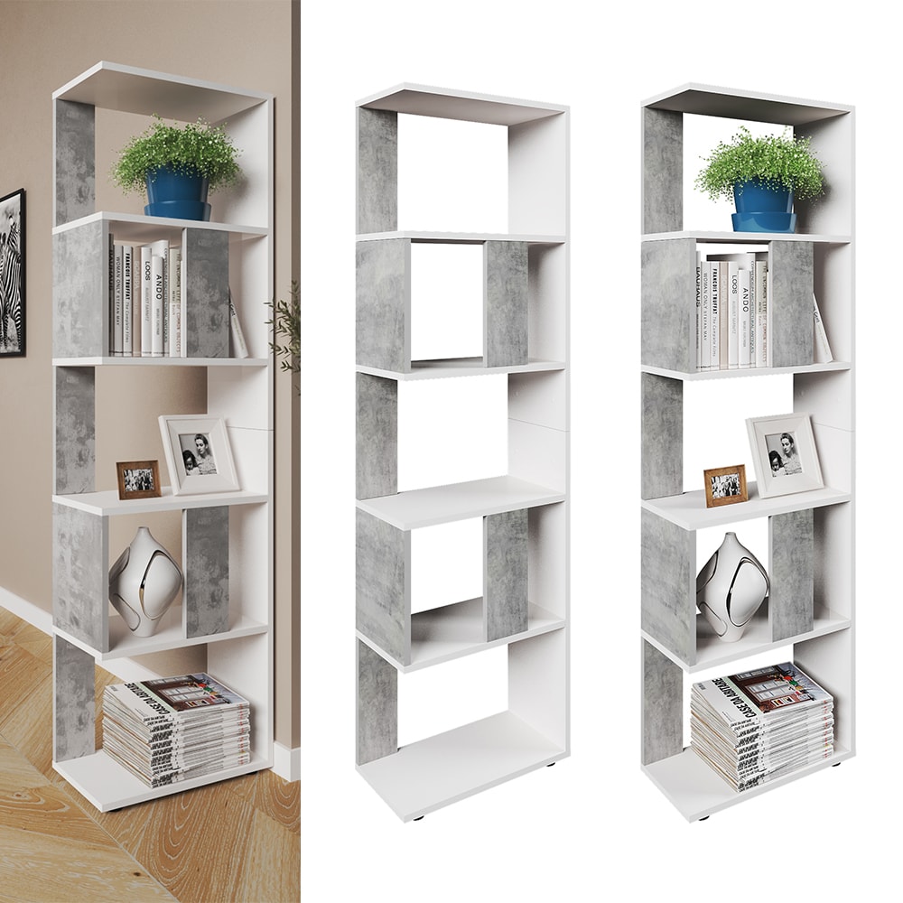 Vicco Raumteiler B&uuml;cherregal Standregal B&uuml;roregal Regal 5 F&auml;cher Wei&szlig; Beton 