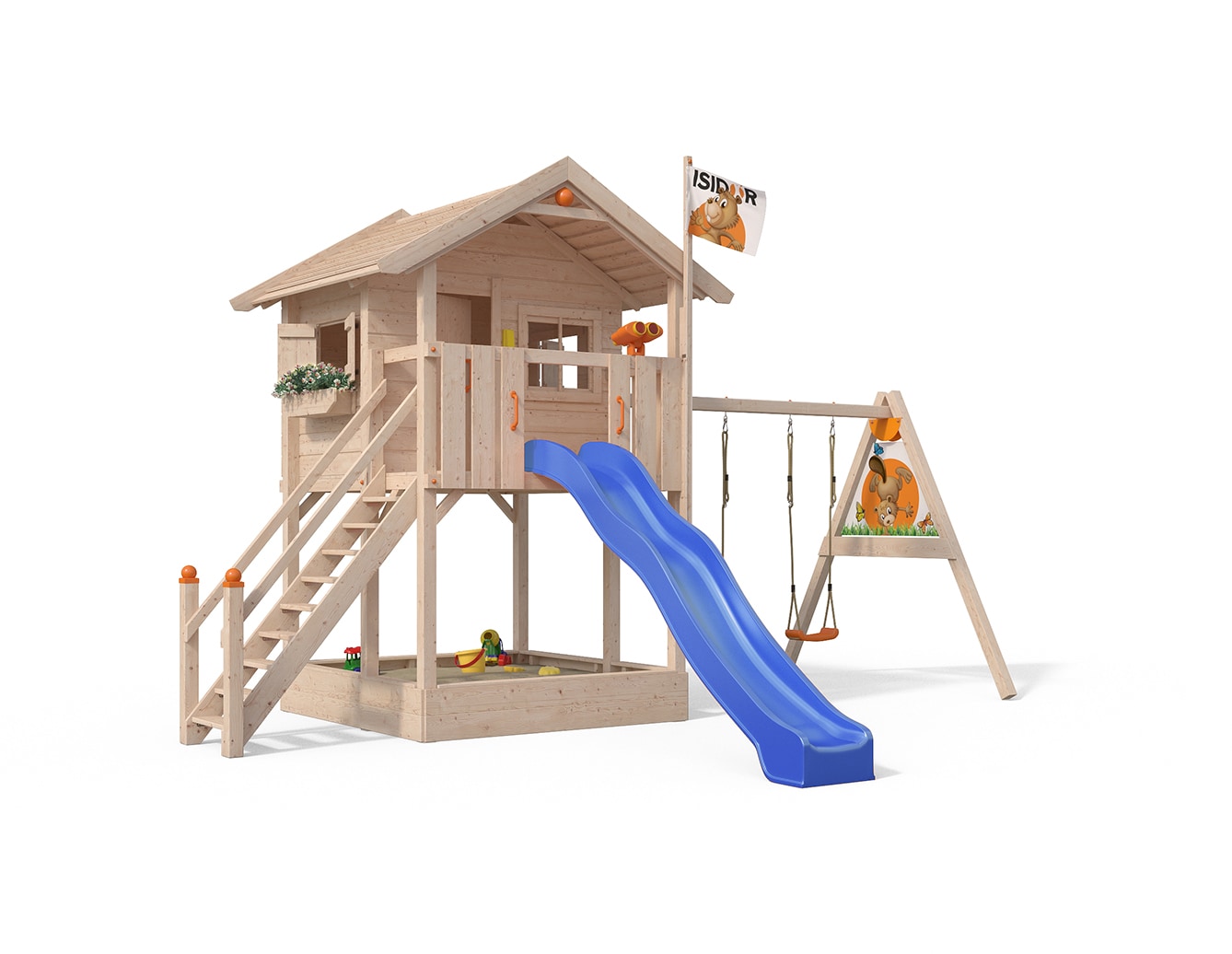 Oskar Spielturm Fridolino Baumhaus Rutsche blau Sandkasten Schaukelanbau 