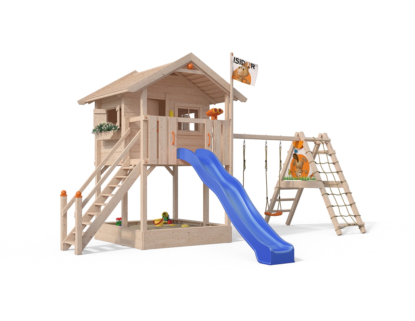 Oskar Spielturm Fridolino Baumhaus Rutsche blau Sandkasten erweiterter Schaukelanbau 
