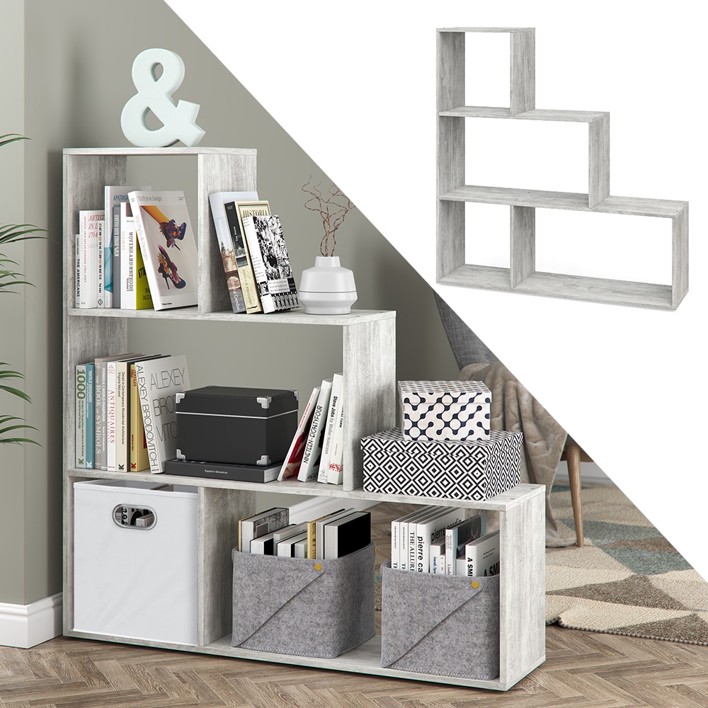 Vicco Treppenregal Asym Raumteiler B&uuml;cherregal Regal Wandregal 4 F&auml;cher Beton 