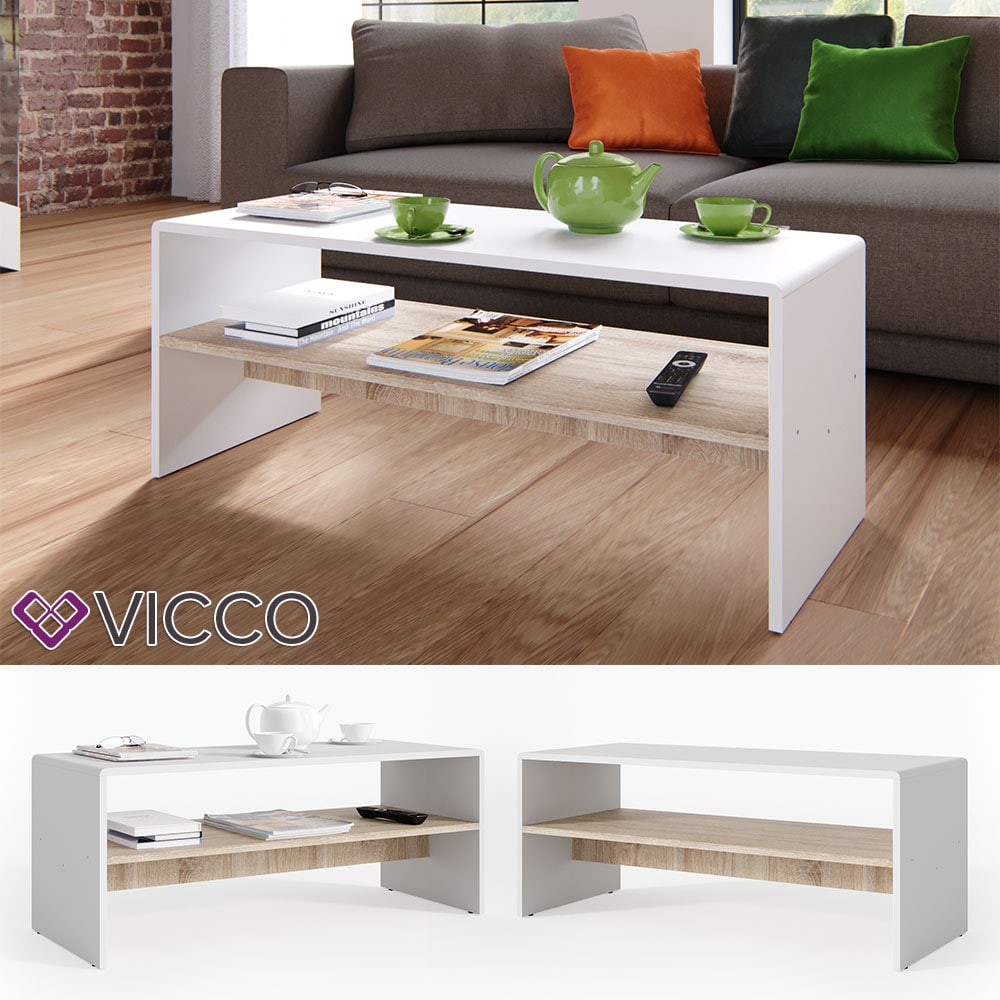 VICCO Couchtisch Wei&szlig; Sonoma Eiche Wohnzimmer Sofatisch Kaffeetisch Tisch 