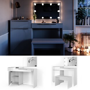 Vicco Schminktisch Little Lilli Frisiertisch Kommode Frisierkommode Spiegel Weiß inklusive Bank und LED-Lichterkette 