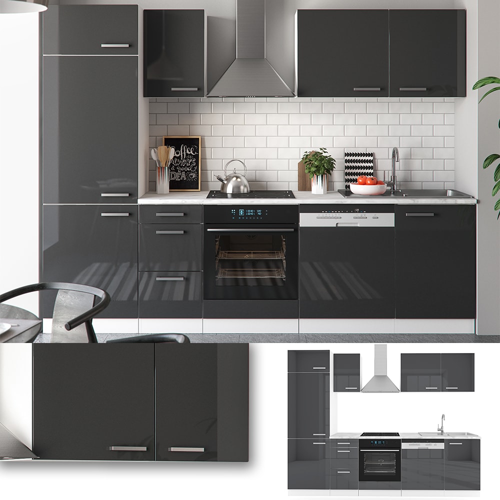 Vicco K&uuml;che 270 cm K&uuml;chenzeile K&uuml;chenblock Einbauk&uuml;che  Anthrazit Hochglanz 