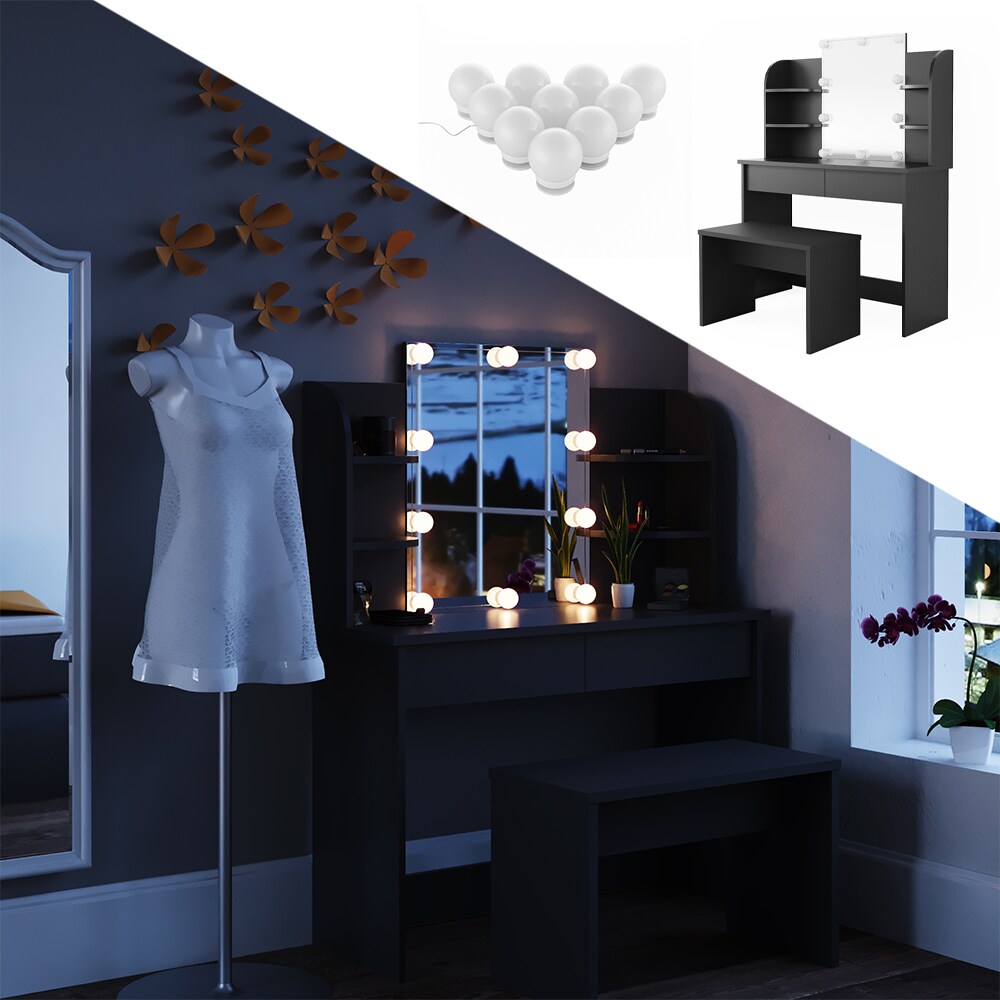 Vicco Schminktisch Charlotte Frisiertisch Kommode Frisierkommode Spiegel Schwarz inklusive Bank und LED-Lichterkette 