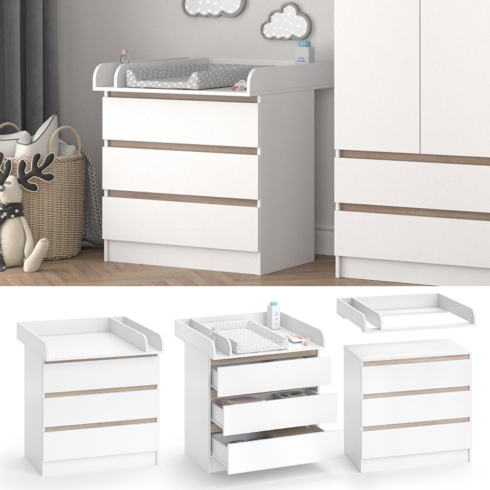 Vicco Wickelkommode Emma 3 Schubladen inkl.Wickelauflage Abnehmbar Wei&szlig; Sonoma 