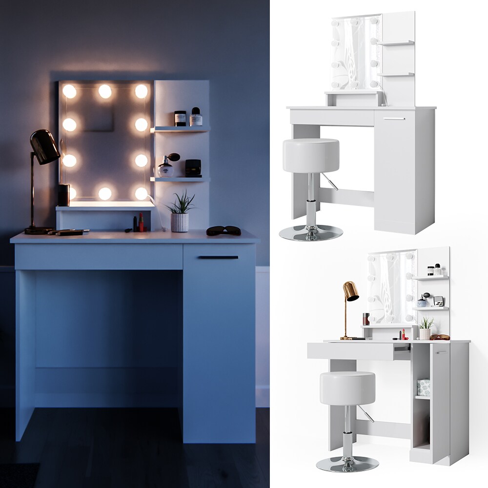 Vicco Schminktisch Julia Frisiertisch Kommode Frisierkommode Spiegel Wei&szlig; inklusive Hocker und LED-Lichterkette 