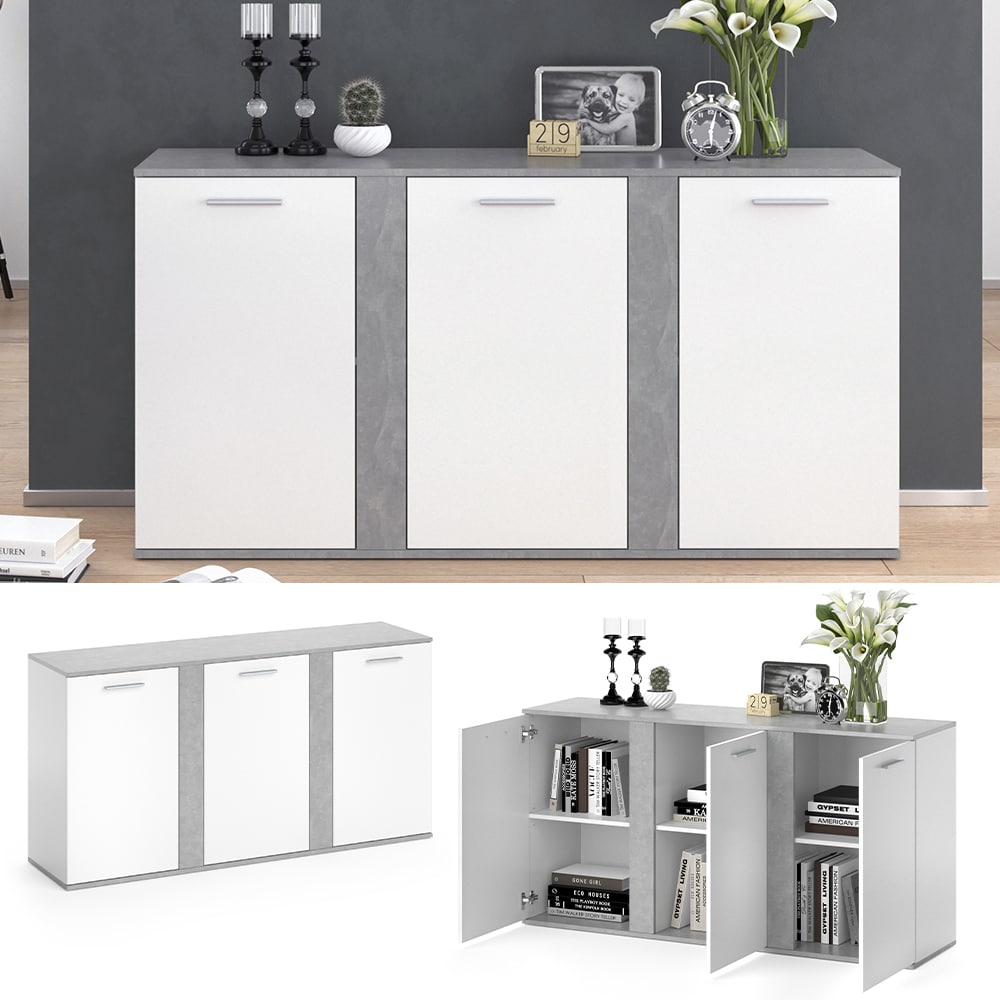 Vicco Sideboard Novelli Highboard Kommode Anrichte Schrank 3 T&uuml;ren Wei&szlig; Beton 