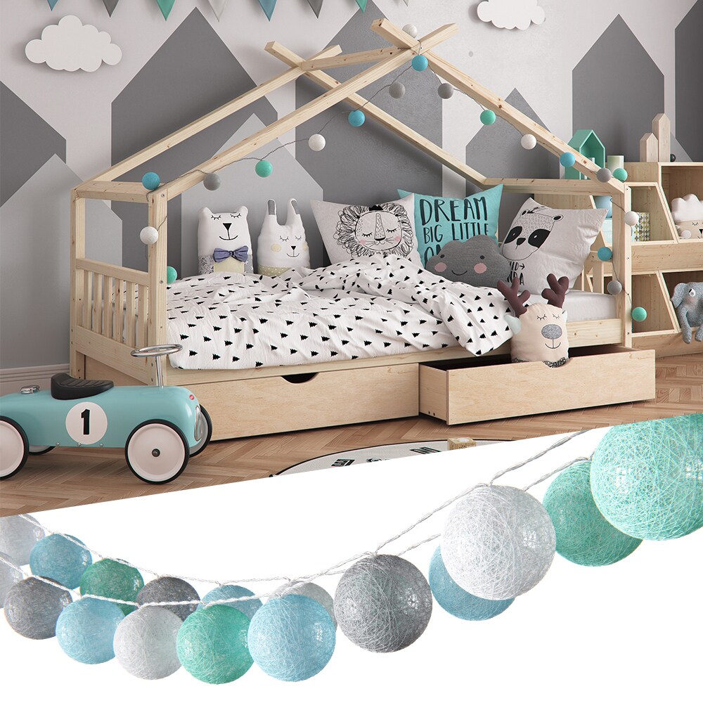 VICCO Lichterkette Cotton Balls Girlande grau wei&szlig; mint-gr&uuml;n hellblau 310 cm 