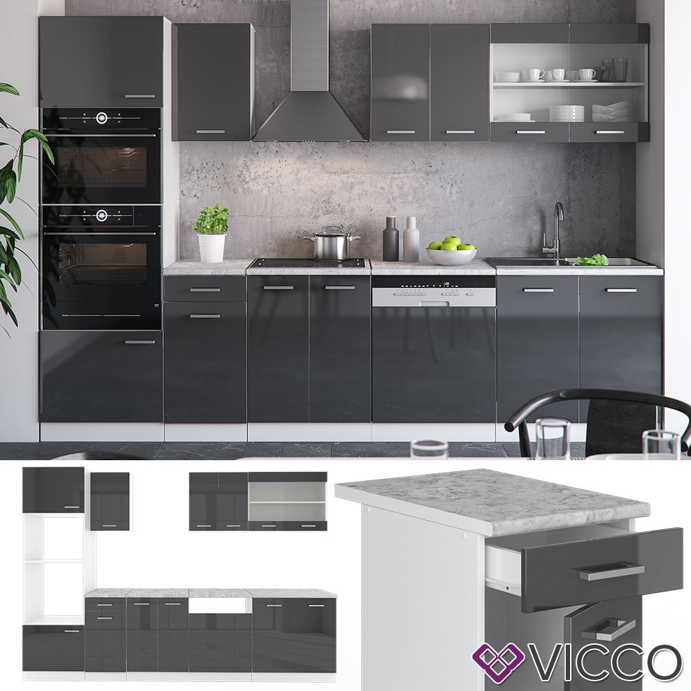 VICCO K&Uuml;CHE R-LINE 300CM K&Uuml;CHENZEILE K&Uuml;CHENBLOCK EINBAUK&Uuml;CHE ANTHRAZIT HOCHGLANZ 