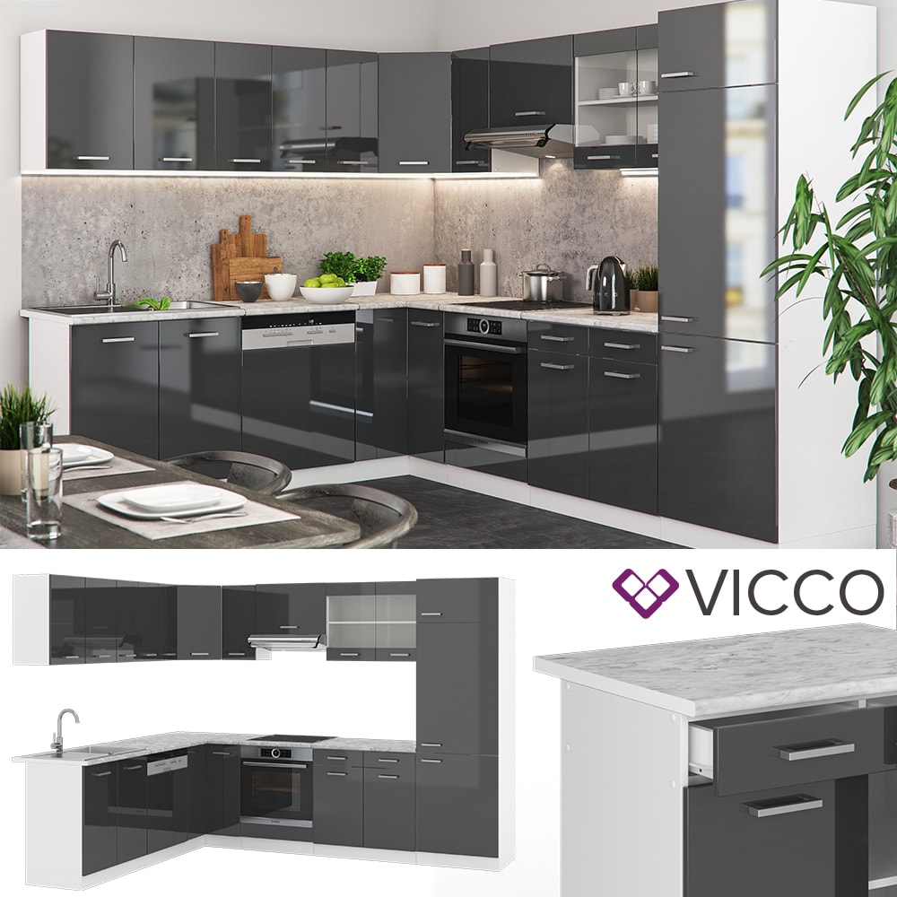 VICCO K&Uuml;CHENZEILE R-LINE ECKK&Uuml;CHE WINKEL K&Uuml;CHE EINBAUK&Uuml;CHE ANTHRAZIT HOCHGLANZ 
