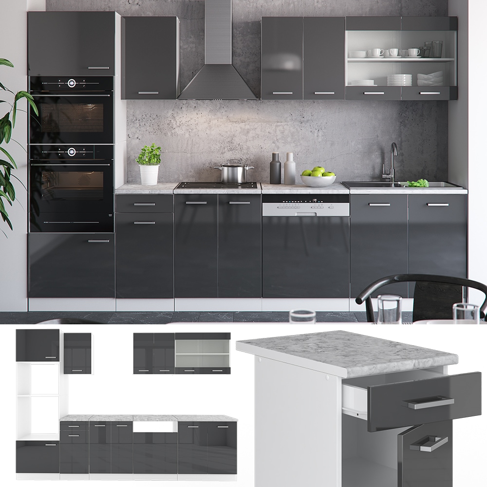 VICCO K&Uuml;CHE R-LINE 300CM K&Uuml;CHENZEILE K&Uuml;CHENBLOCK EINBAUK&Uuml;CHE ANTHRAZIT HOCHGLANZ 