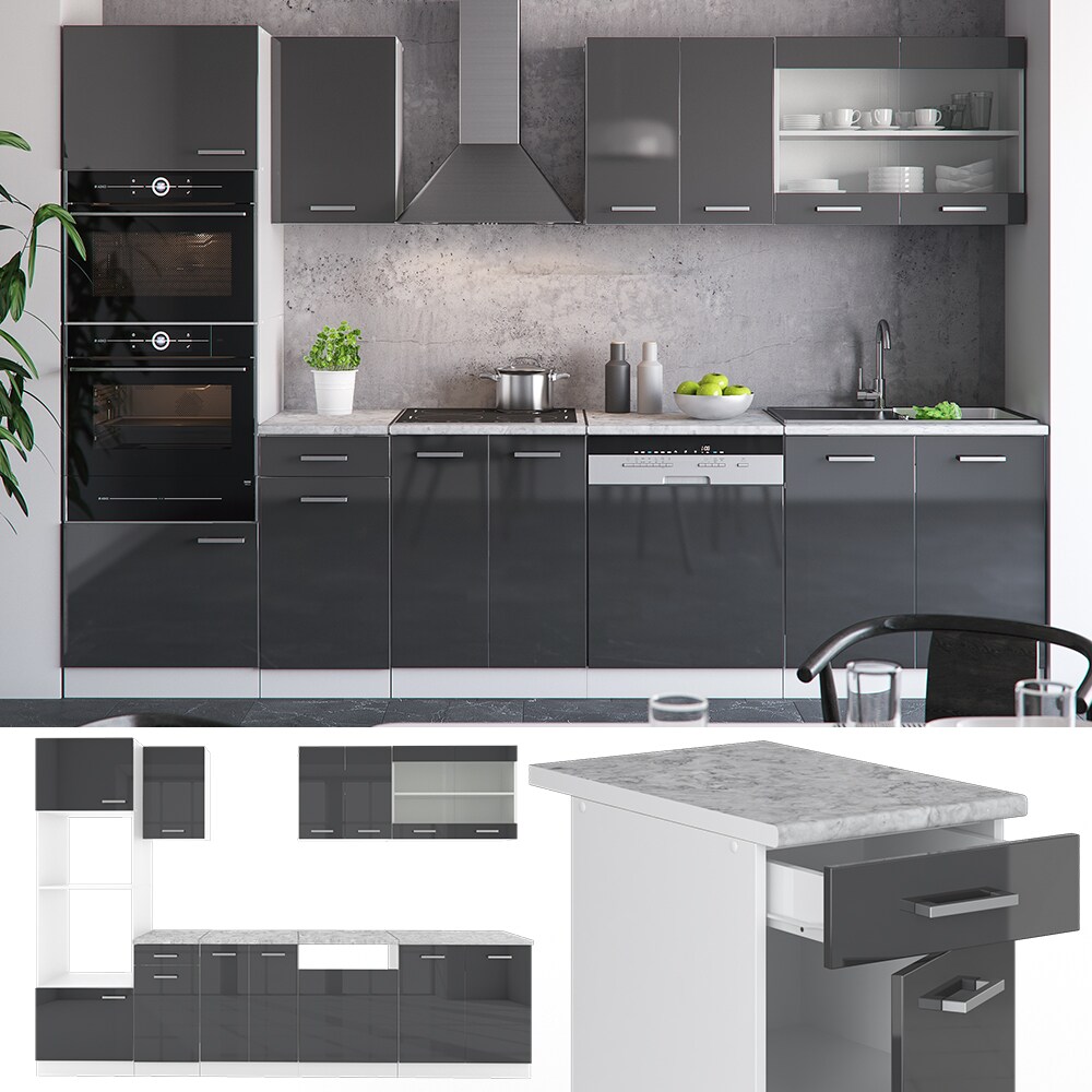 VICCO KÜCHE R-LINE 300CM KÜCHENZEILE KÜCHENBLOCK EINBAUKÜCHE ANTHRAZIT HOCHGLANZ