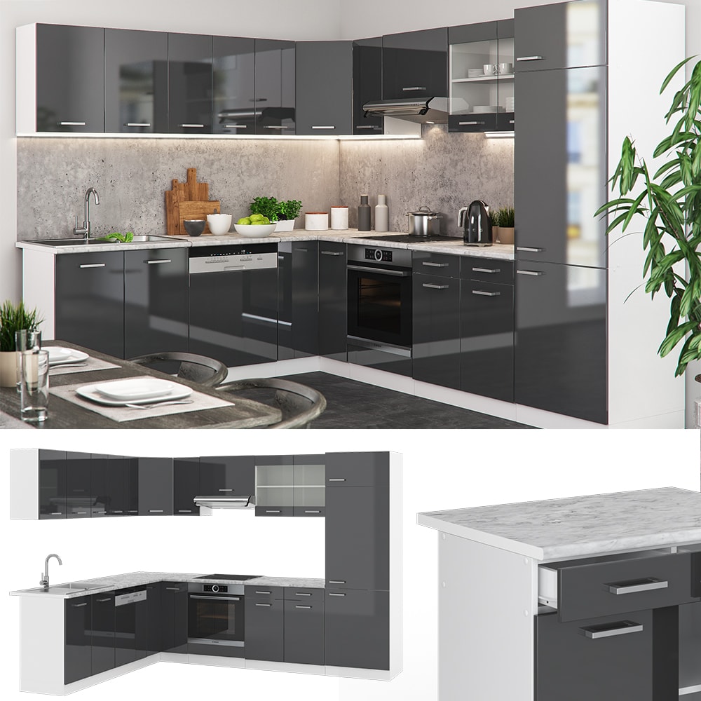 VICCO K&Uuml;CHENZEILE R-LINE ECKK&Uuml;CHE WINKEL K&Uuml;CHE EINBAUK&Uuml;CHE ANTHRAZIT HOCHGLANZ 