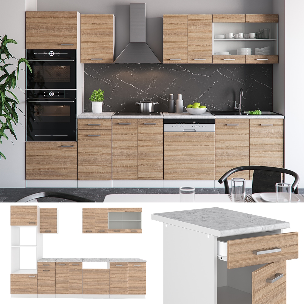VICCO K&Uuml;CHE R-LINE 300 CM K&Uuml;CHENZEILE K&Uuml;CHENBLOCK EINBAUK&Uuml;CHE &ndash; SONOMA EICHE 