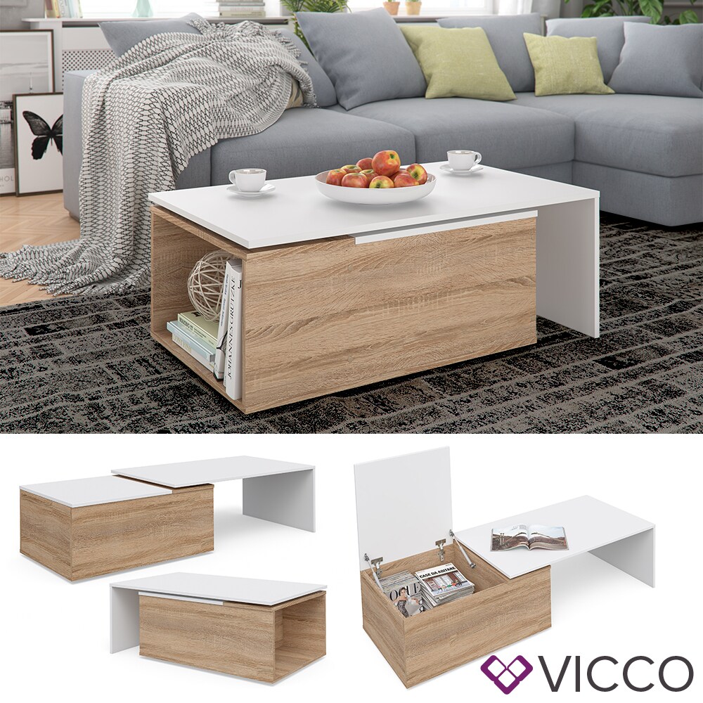 VICCO Couchtisch LEO 60x100cm Sonoma Eiche Wei&szlig; Wohnzimmertisch Beistelltisch 