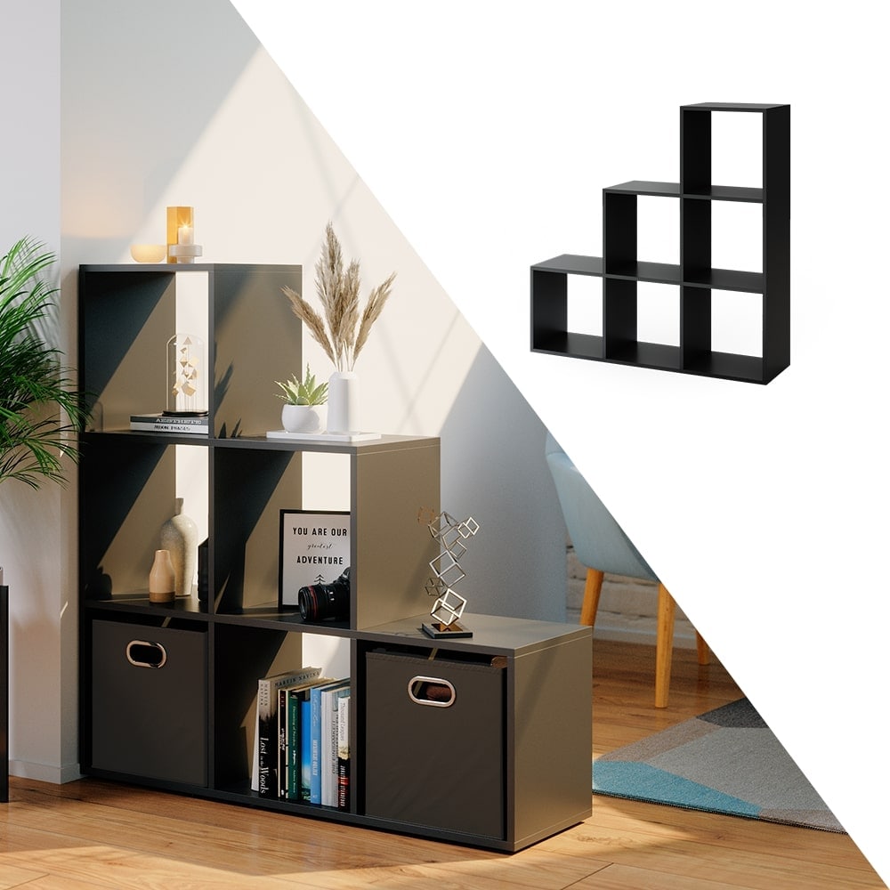 VICCO Treppenregal 6 F&auml;cher Schwarz- Raumteiler Stufenregal B&uuml;cherregal B&uuml;roregal Standregal 