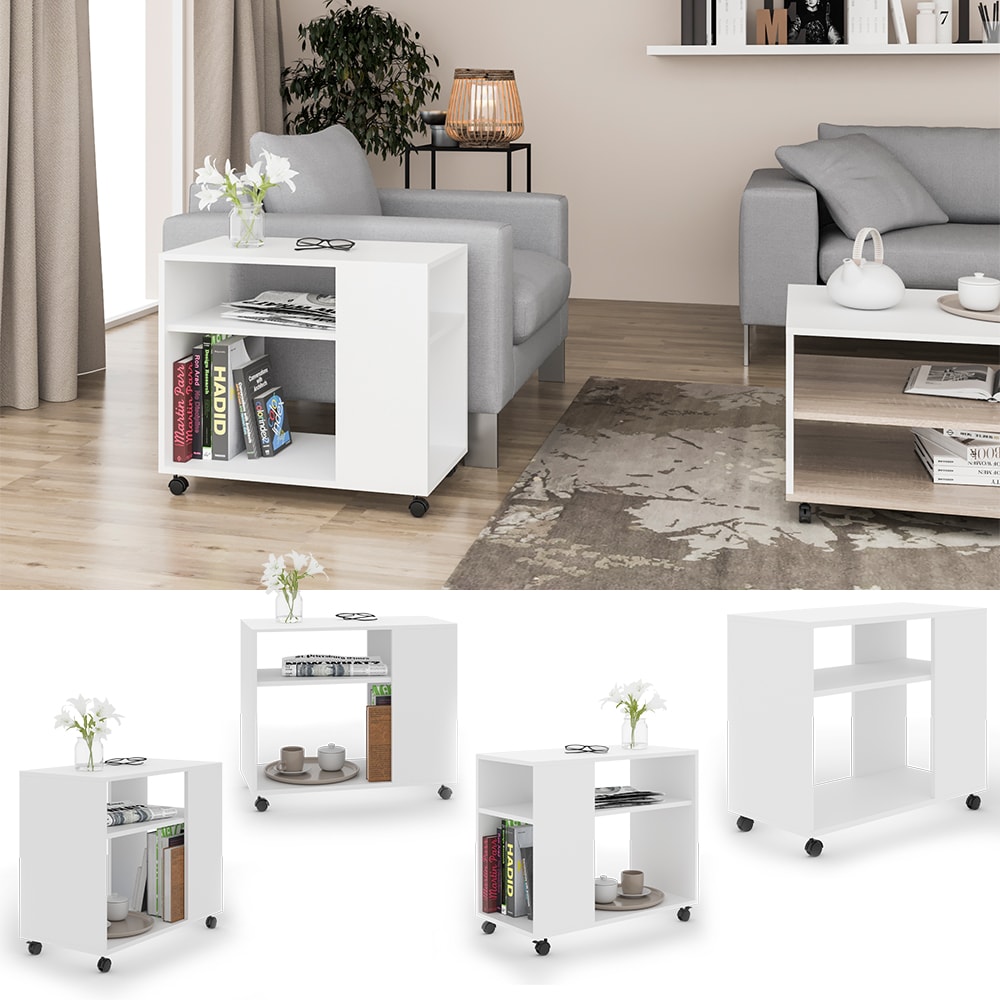 VICCO Beistelltisch ROLLI Couchtisch Rollen Wei&szlig; Sofatisch Wohnzimmer Ablage 