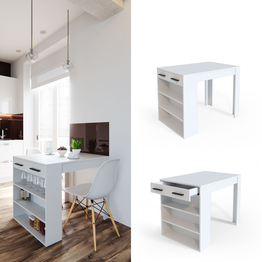 Vicco Bartisch Esstisch Tisch Bistrotisch Essplatz Schublade Regal Bar Wei&szlig; 