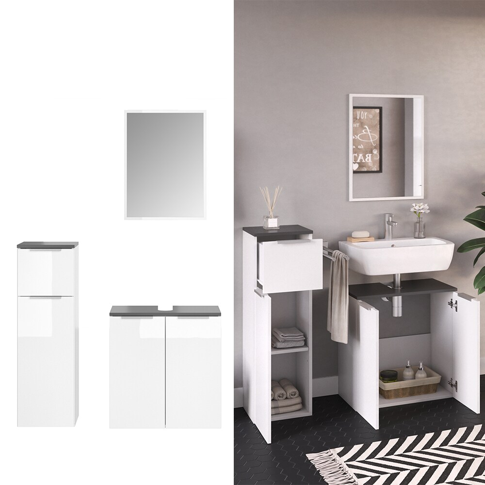 VICCO Badm&ouml;bel-Set OTIS Wei&szlig; - Waschtischunterschrank Midischrank Spiegel 