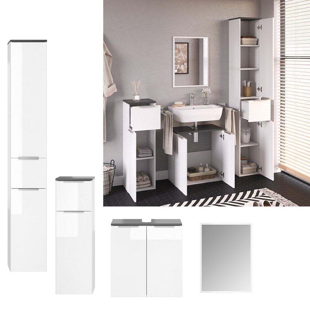 VICCO Badm&ouml;bel-Set OTIS Wei&szlig; - Hochschrank Unterschrank Midischrank Spiegel 