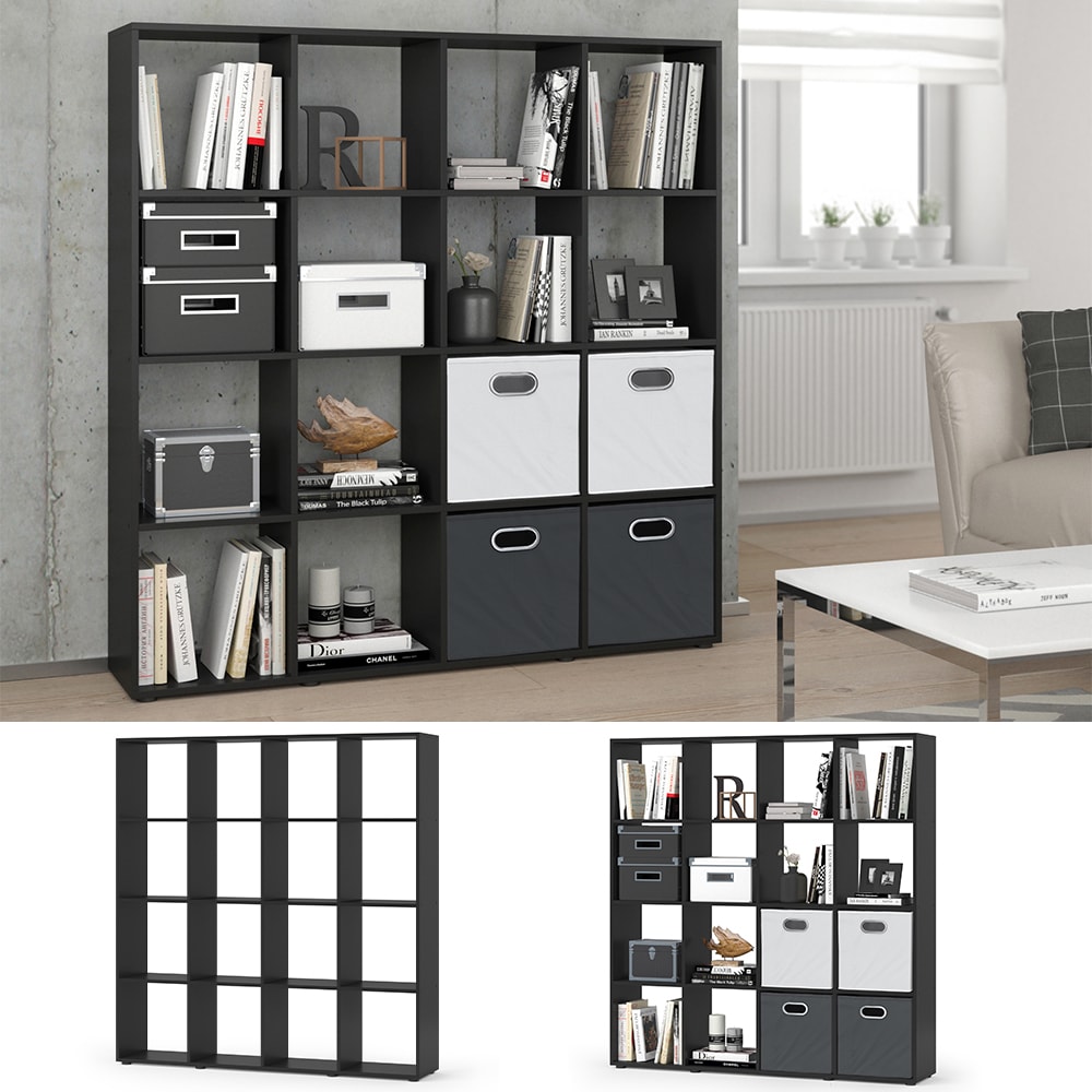 VICCO Raumteiler KARREE 16 F&auml;cher Schwarz - B&uuml;cherregal Regal Standregal B&uuml;roregal 