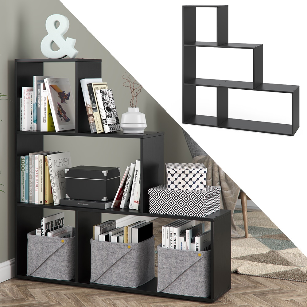 VICCO Treppenregal  ASYM Raumteiler Schwarz 4 Fach B&uuml;cherregal Standregal Aktenregal Regal 