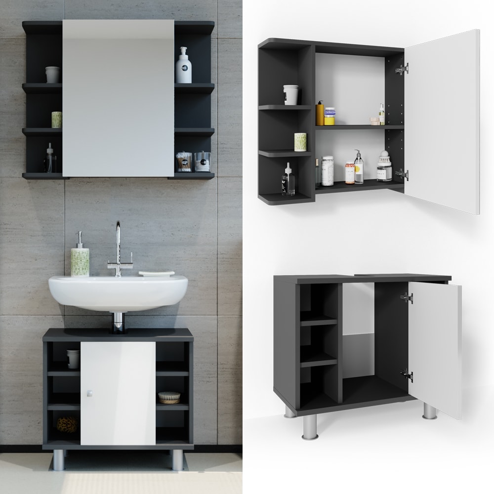 VICCO Badm&ouml;bel Set FYNN 2 Teile Anthrazit Wei&szlig; - Badezimmer Spiegel Badunterschrank Bad Badschrank 