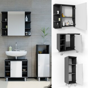 VICCO Badmöbel Set FYNN 3 Teile Anthrazit Weiß - Spiegel Waschbecken Unterschrank Beistellschrank 