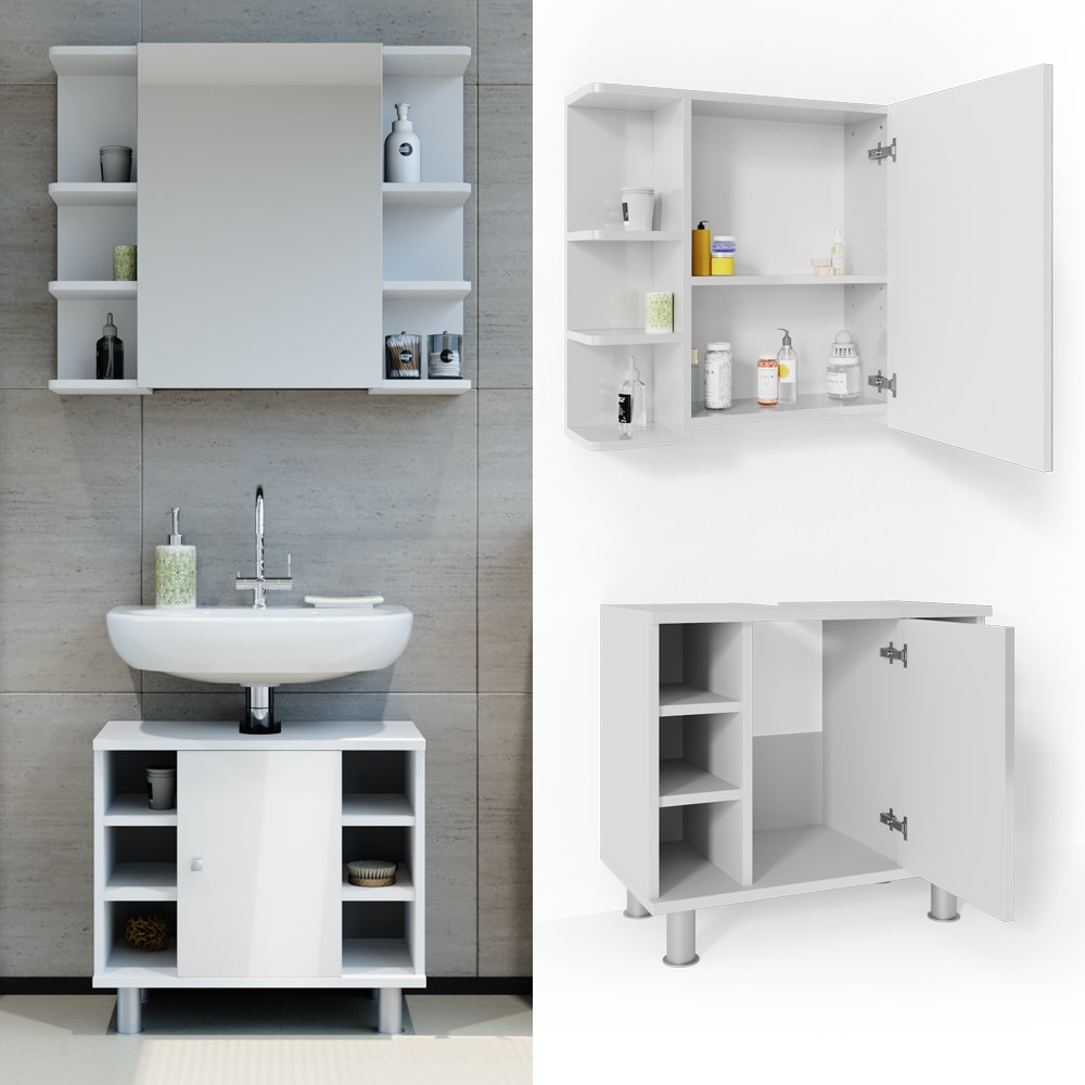 VICCO Badm&ouml;bel Set FYNN 2 Teile Wei&szlig; Hochglanz - Badezimmer Spiegel Badunterschrank Bad Badschrank 