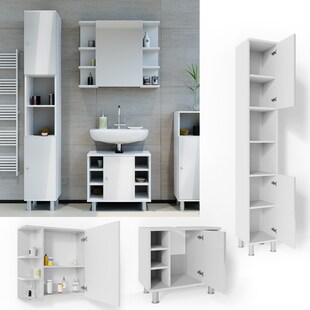 VICCO Badmöbel Set FYNN 3 Teile Weiß Hochglanz - Badezimmer Spiegel Badunterschrank Hochschrank 