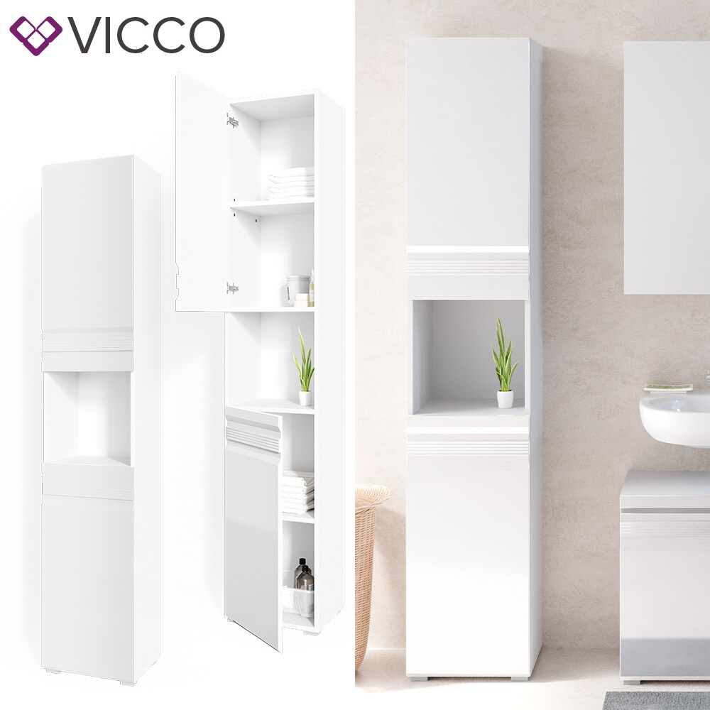 VICCO Badschrank FREDDY Wei&szlig; Hochglanz Badezimmerschrank Hochschrank Bad 