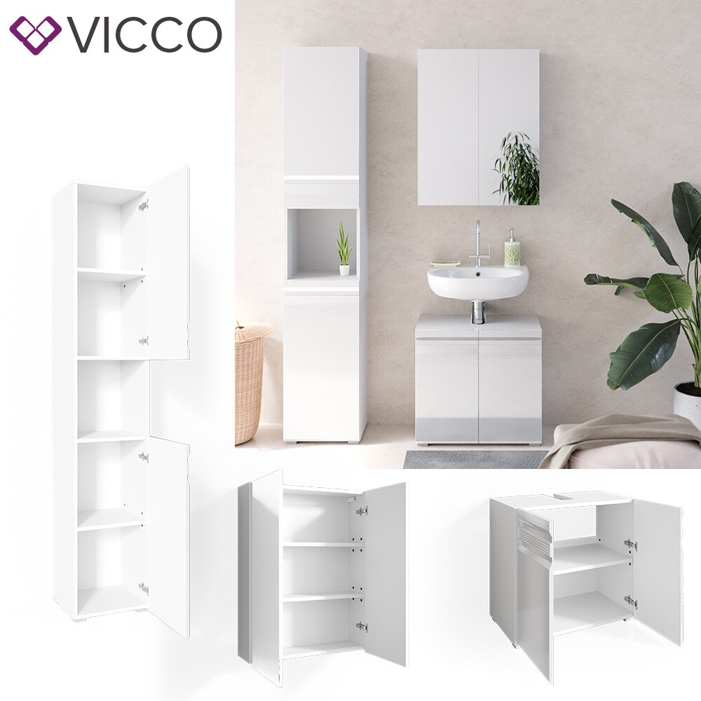 VICCO Badm&ouml;belset FREDDY Spiegelschrank Unterschrank Hoch wei&szlig; hochglanz Bad 