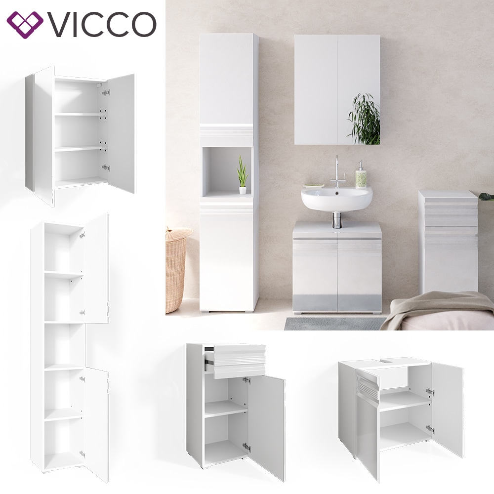 VICCO Badm&ouml;belset FREDDY Spiegelschrank Unterschrank Hoch wei&szlig; hochglanz Bad 