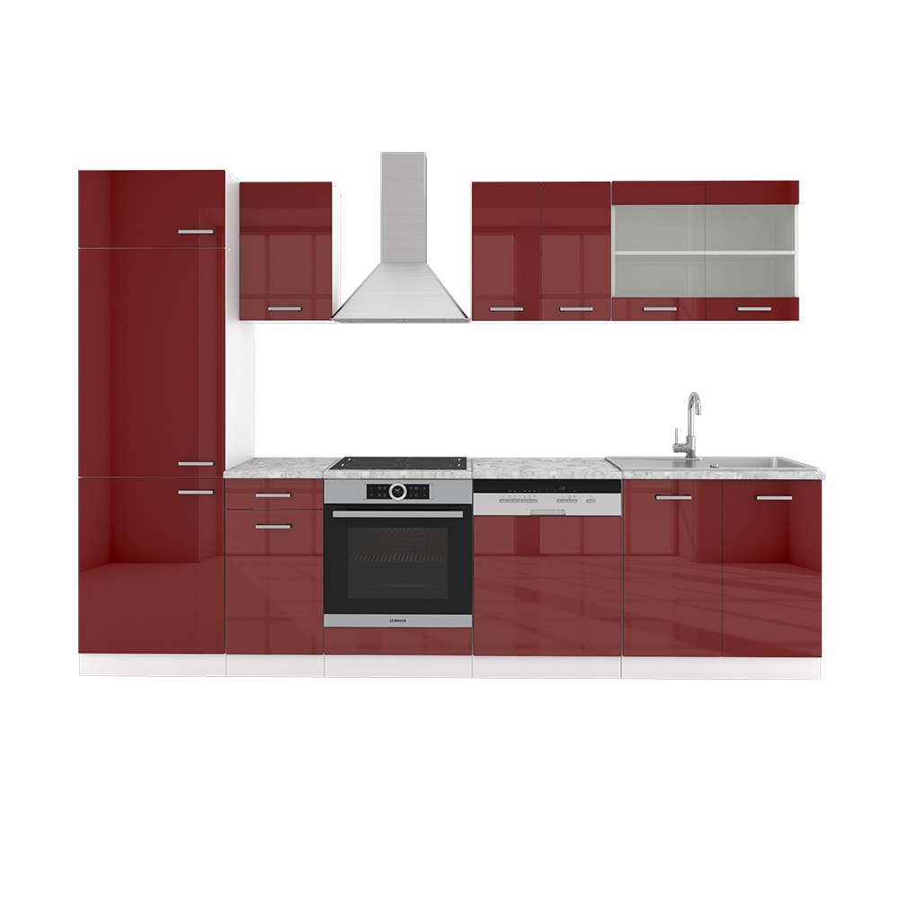 VICCO K&Uuml;CHE R-LINE 300CM K&Uuml;CHENZEILE K&Uuml;CHENBLOCK EINBAU ROT BORDEAUX HOCHGLANZ 