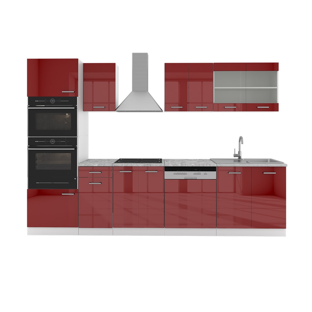 Vicco - Cuisine R-Line, Bordeaux haute brillance/blanc, 300 cm avec armoire haute, pt Marbre