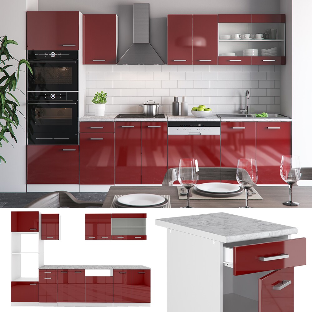 VICCO K&Uuml;CHE R-LINE 300CM K&Uuml;CHENZEILE K&Uuml;CHENBLOCK EINBAU ROT BORDEAUX HOCHGLANZ 