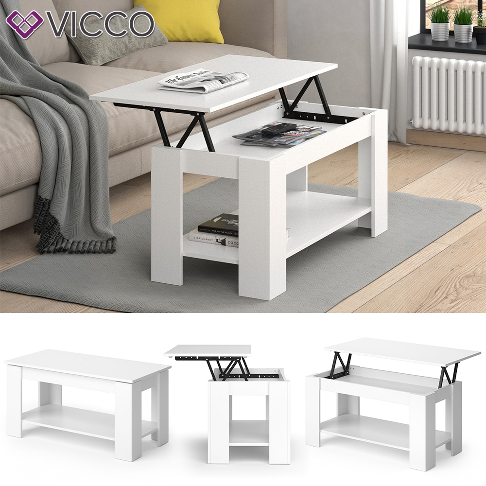 VICCO Couchtisch LORENZ  h&ouml;henverstellbar Wei&szlig; Sofatisch Kaffetisch Wohnzimmer Tisch 