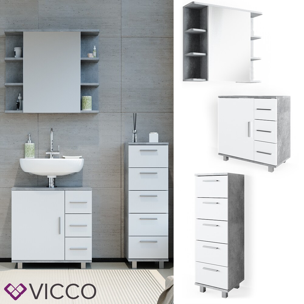 VICCO Badm&ouml;bel Set ILIAS Wei&szlig; Beton Bad Spiegel Kommode Unterschrank Badschrank 