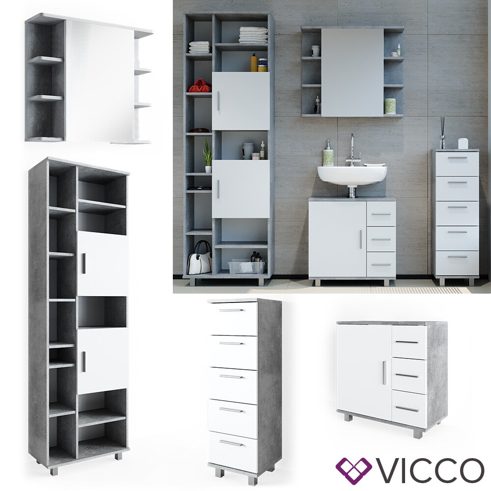 VICCO Badm&ouml;bel Set ILIAS Wei&szlig; Beton Bad Spiegel Kommode Unterschrank Badschrank 