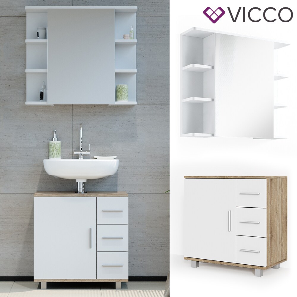 VICCO Badm&ouml;bel Set ILIAS Wei&szlig; Eiche Bad Spiegel Kommode Unterschrank Badschrank 