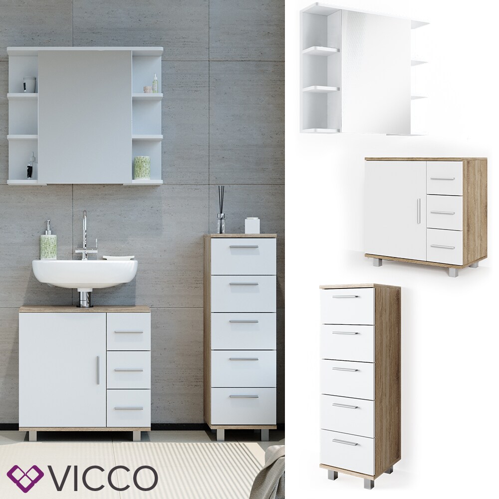 VICCO Badm&ouml;bel Set ILIAS Wei&szlig; Eiche Bad Spiegel Kommode Unterschrank Badschrank 