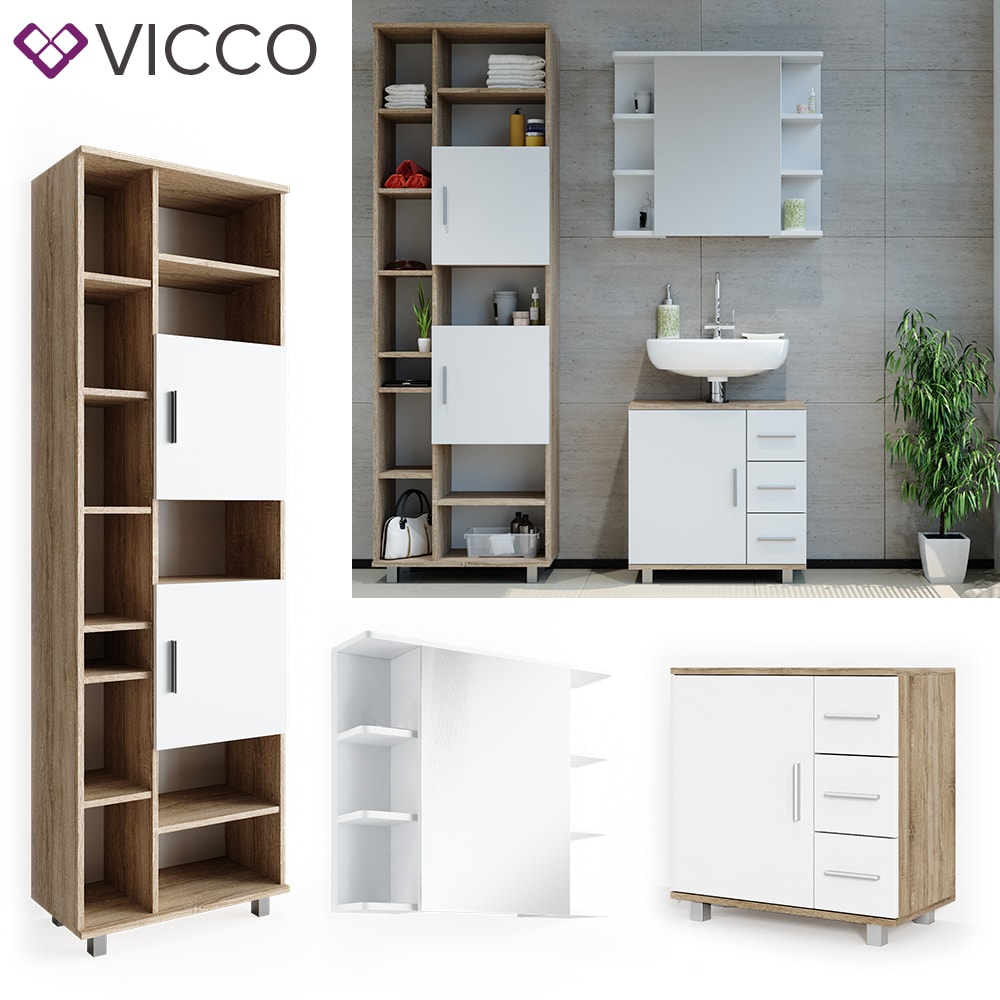 VICCO Badm&ouml;bel Set ILIAS Wei&szlig; Eiche Bad Spiegel Kommode Unterschrank Badschrank 