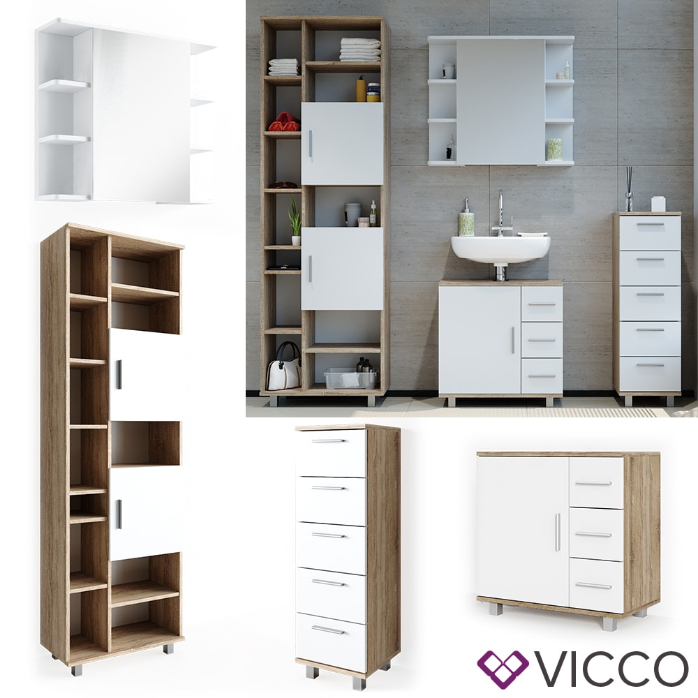 VICCO Badm&ouml;bel Set ILIAS Wei&szlig; Eiche Bad Spiegel Kommode Unterschrank Badschrank 