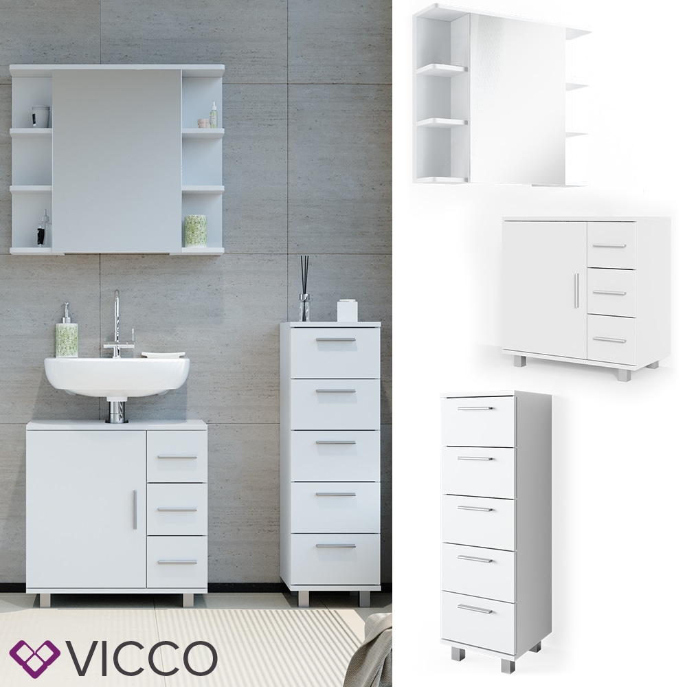 VICCO Badm&ouml;bel Set ILIAS Wei&szlig; Bad Spiegel Kommode Unterschrank Badschrank 
