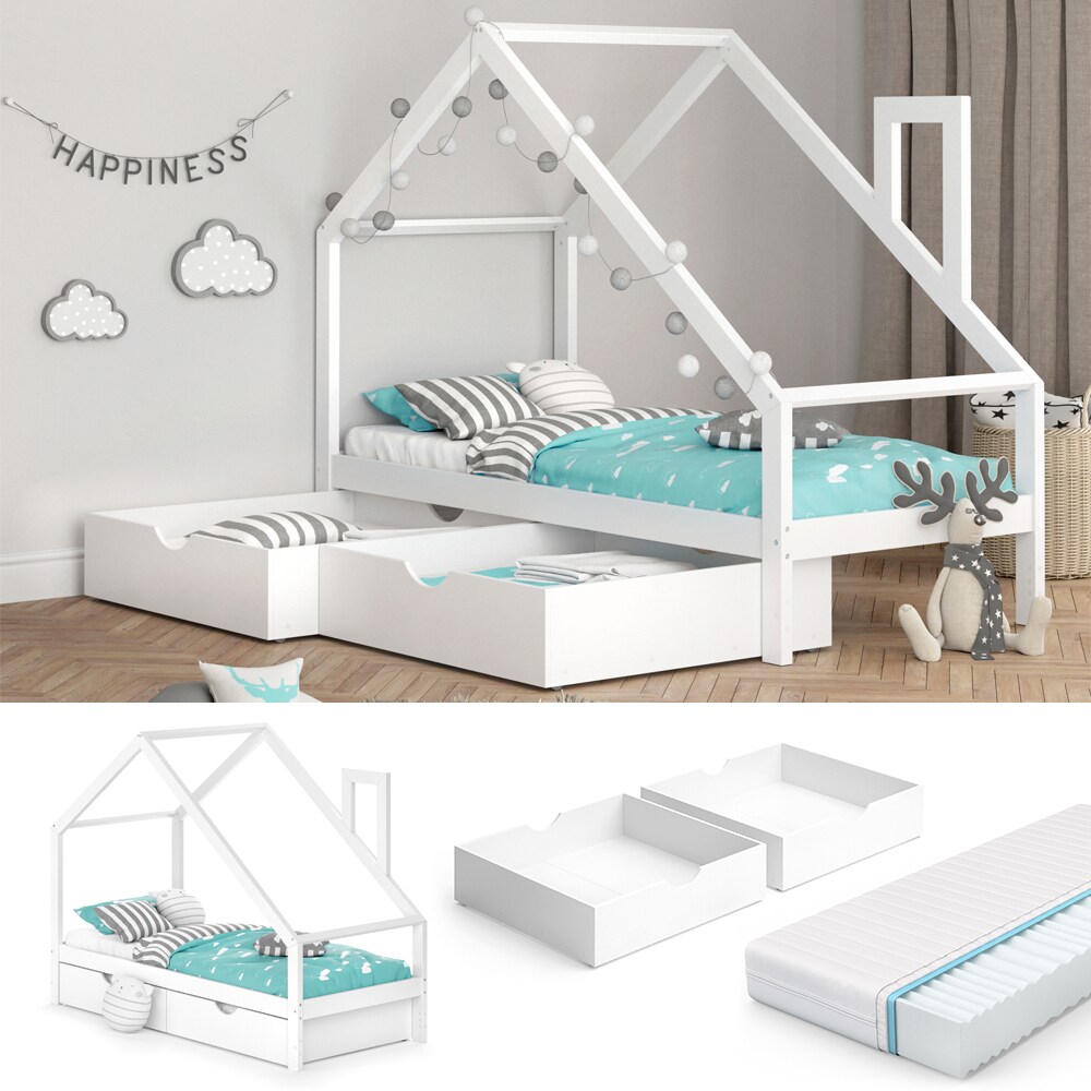 VITALISPA Funktionsbett Kinderbett NICOLE 90x200 mit 2 Schubladen Spielbett Hausbett wei&szlig; + Matratze 