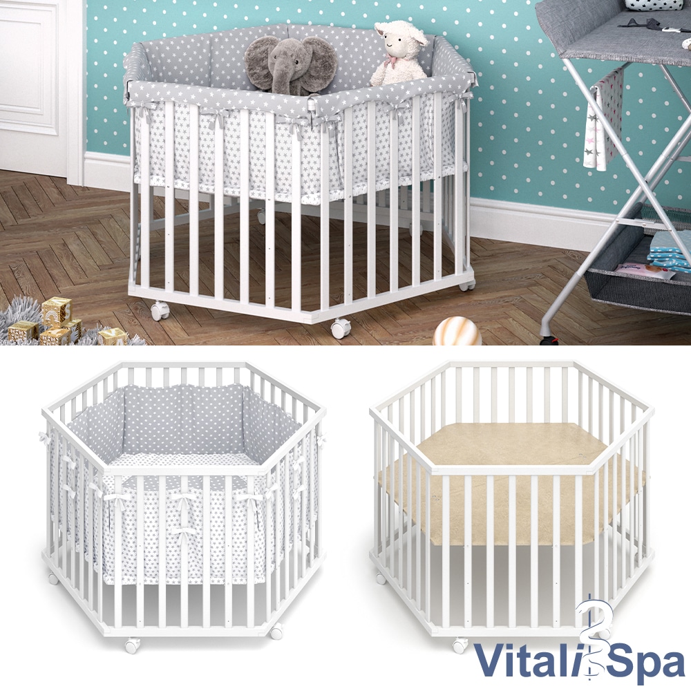 VITALISPA Laufgitter 6-eckig wei&szlig; mit Laufgittereinlage Laufstall Krabbelgitter 